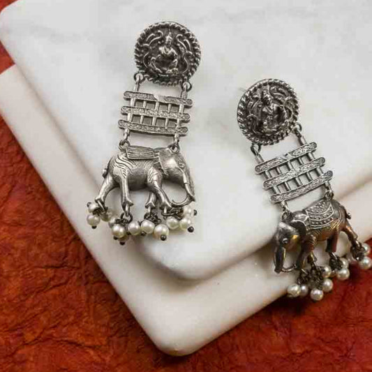 Regal Elephant Oxidised Earrings
